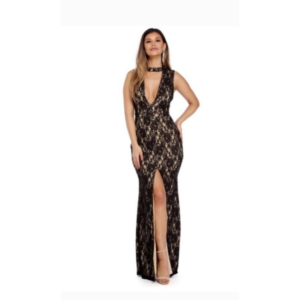 Windsor Black Lace Nude Lined Maxi Gown Womens S Formal Evening Prom Dress Slit